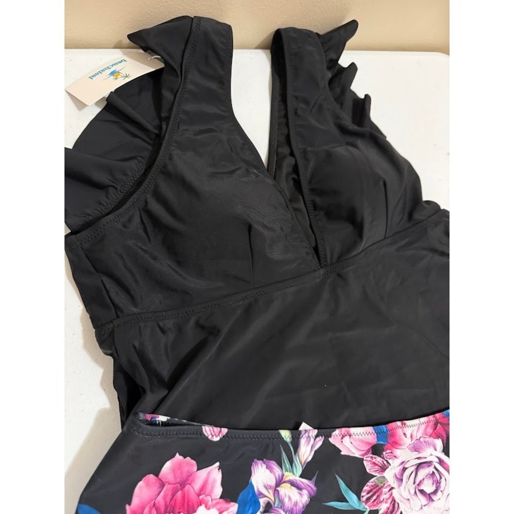 Beachsissi Ruffle V-Neck Tankini Set Black Floral High Waisted Swimwear XL NEW